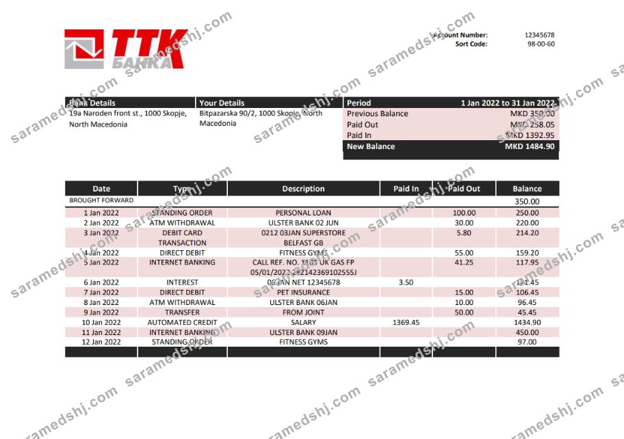 Macedonia TTK bank statement template in Word and PDF format